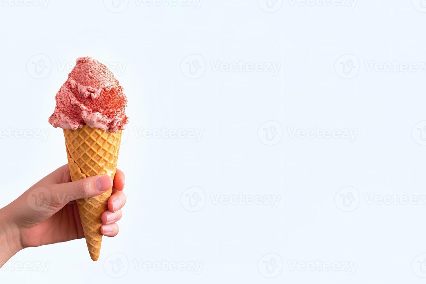 Hand holding delicious red velvet ice cream in a crispy waffle cone with copy space. photo