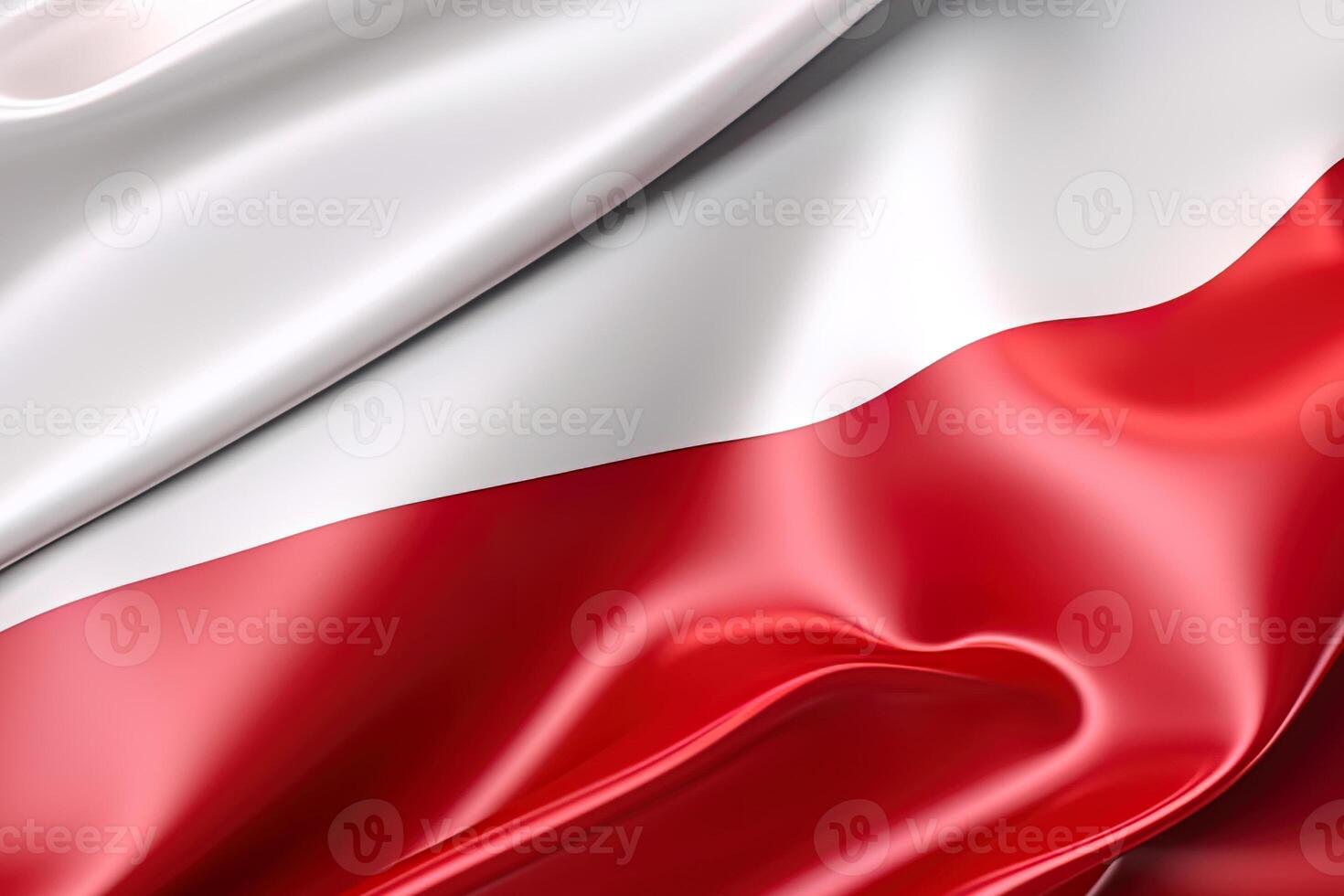 blanco y rojo fondo, ondulación el nacional bandera de Polonia, saludó un muy detallado de cerca. ai generado foto