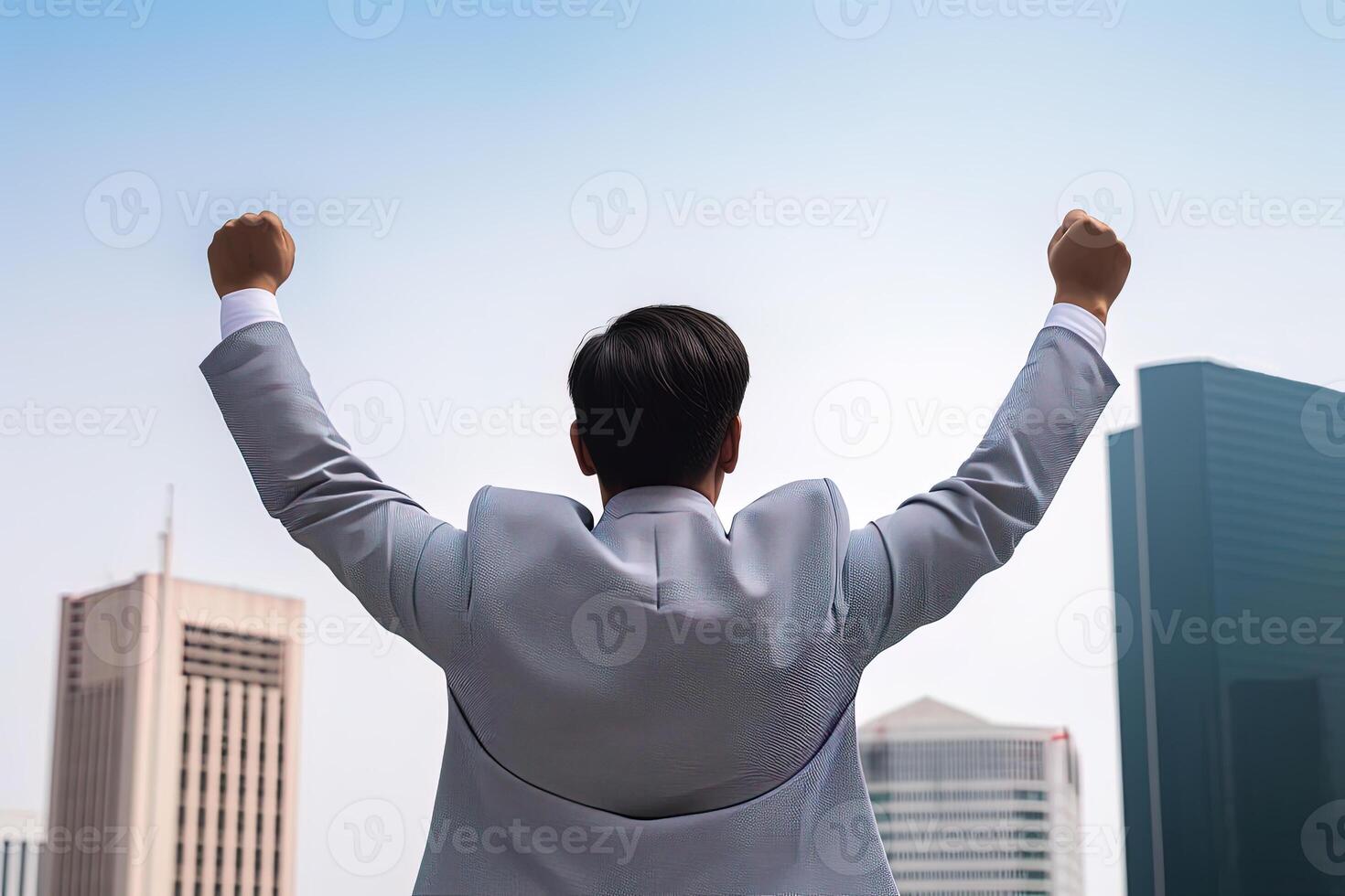 Successful businessman raising hand and expressing positivity while standing against skyscrapers background. photo