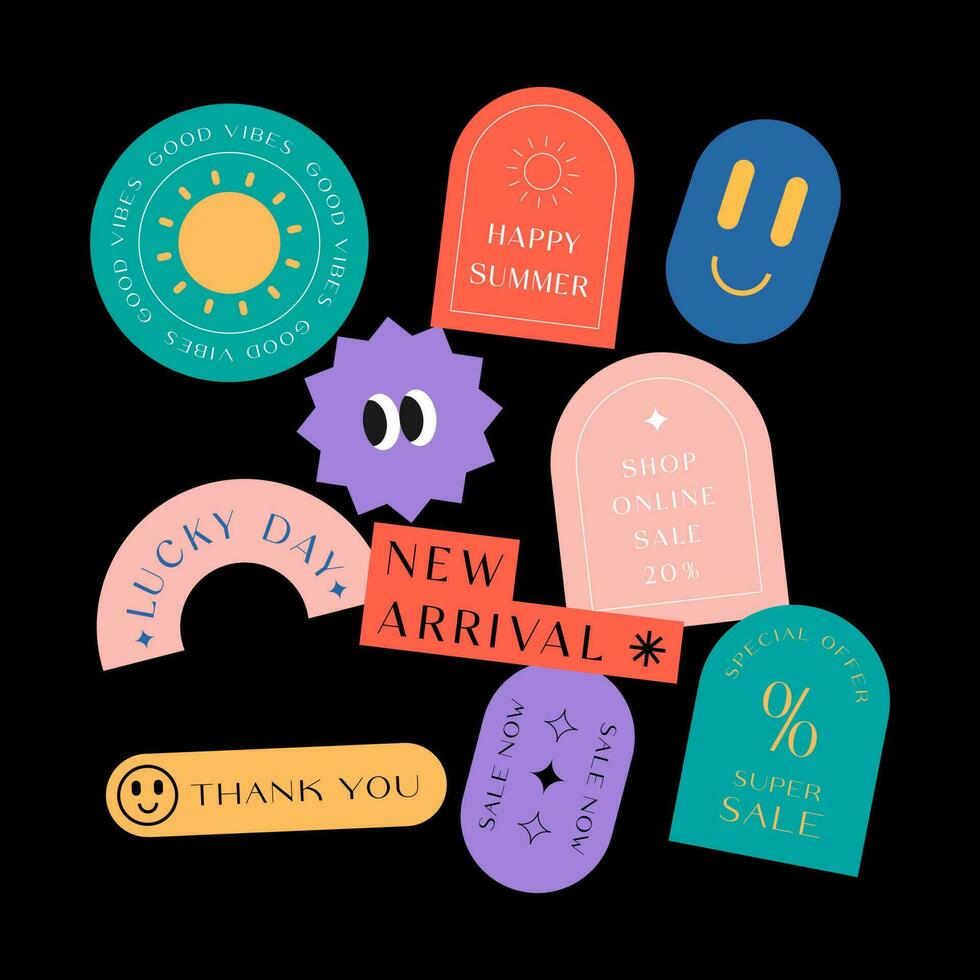 Sicker Pack. Collection of trendy stickers, labels, patches, tags. Retro style. Vector illustration.