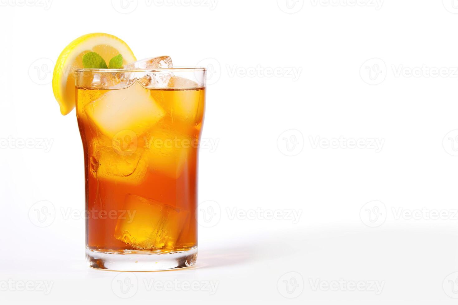 a glass of iced lemon tea with a slice of lemon isolated on white background with copy space. photo