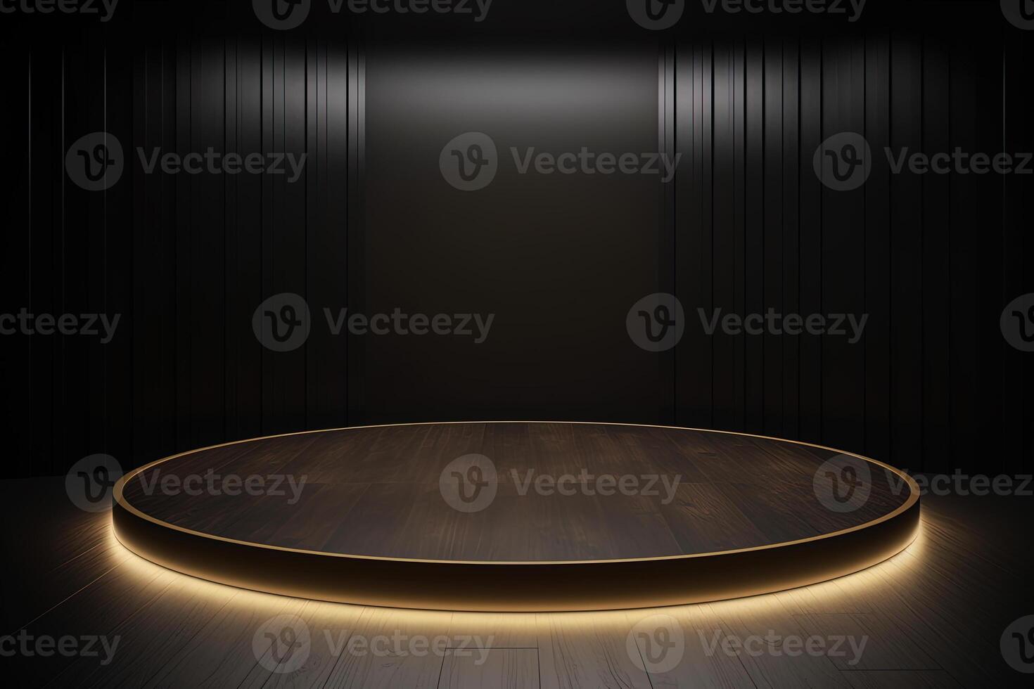 a wooden circular platform podium with a yellow neon light on dark background. photo
