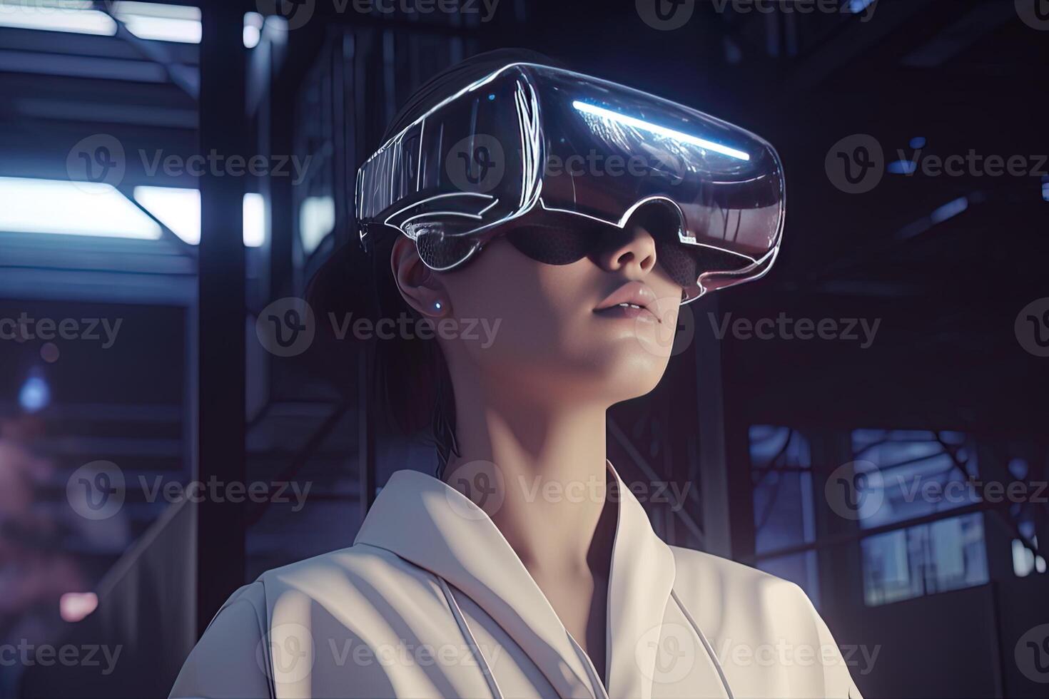 un mujer vistiendo un virtual realidad auriculares. ai generado foto
