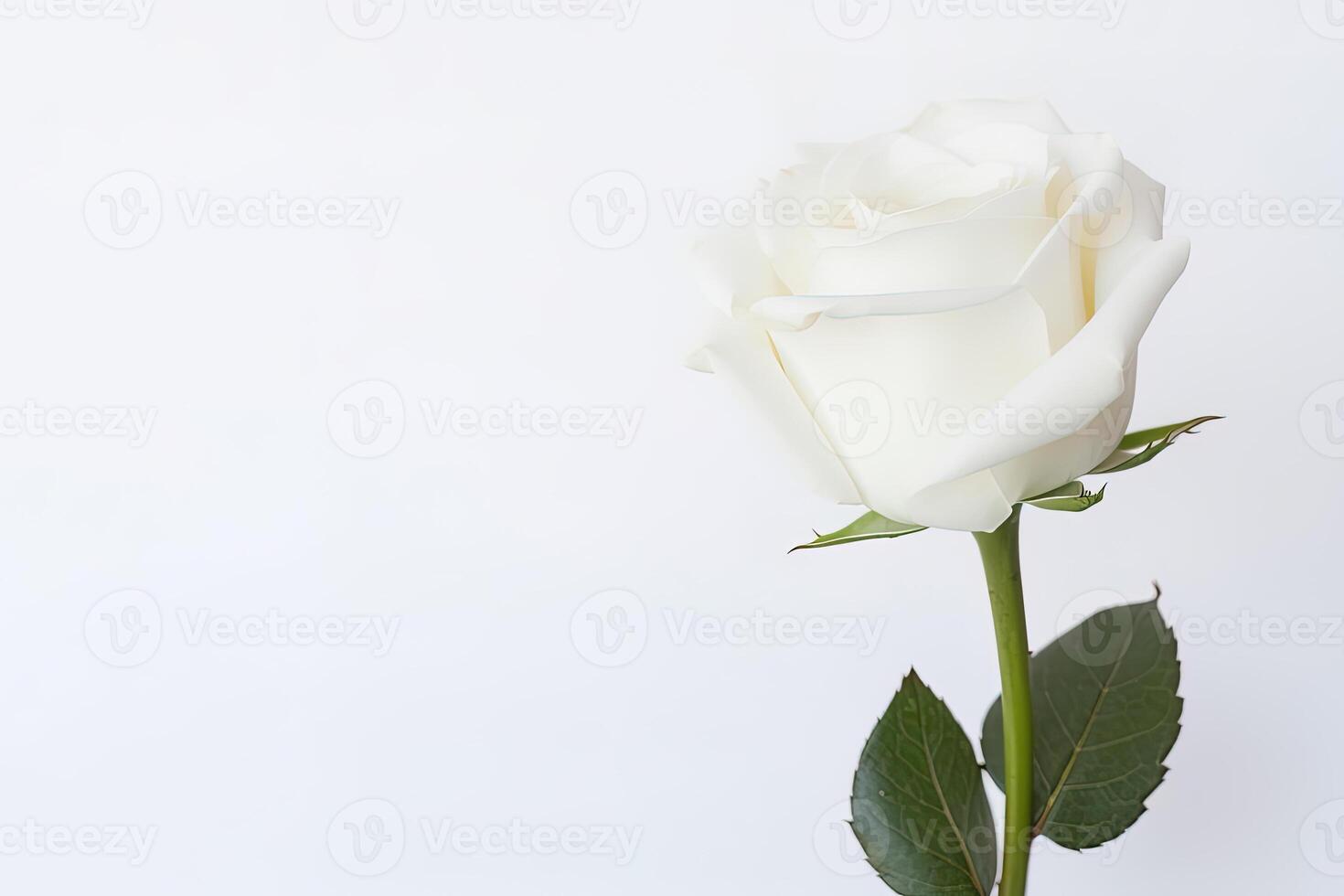 Beautiful white rose on white background with copy space. photo