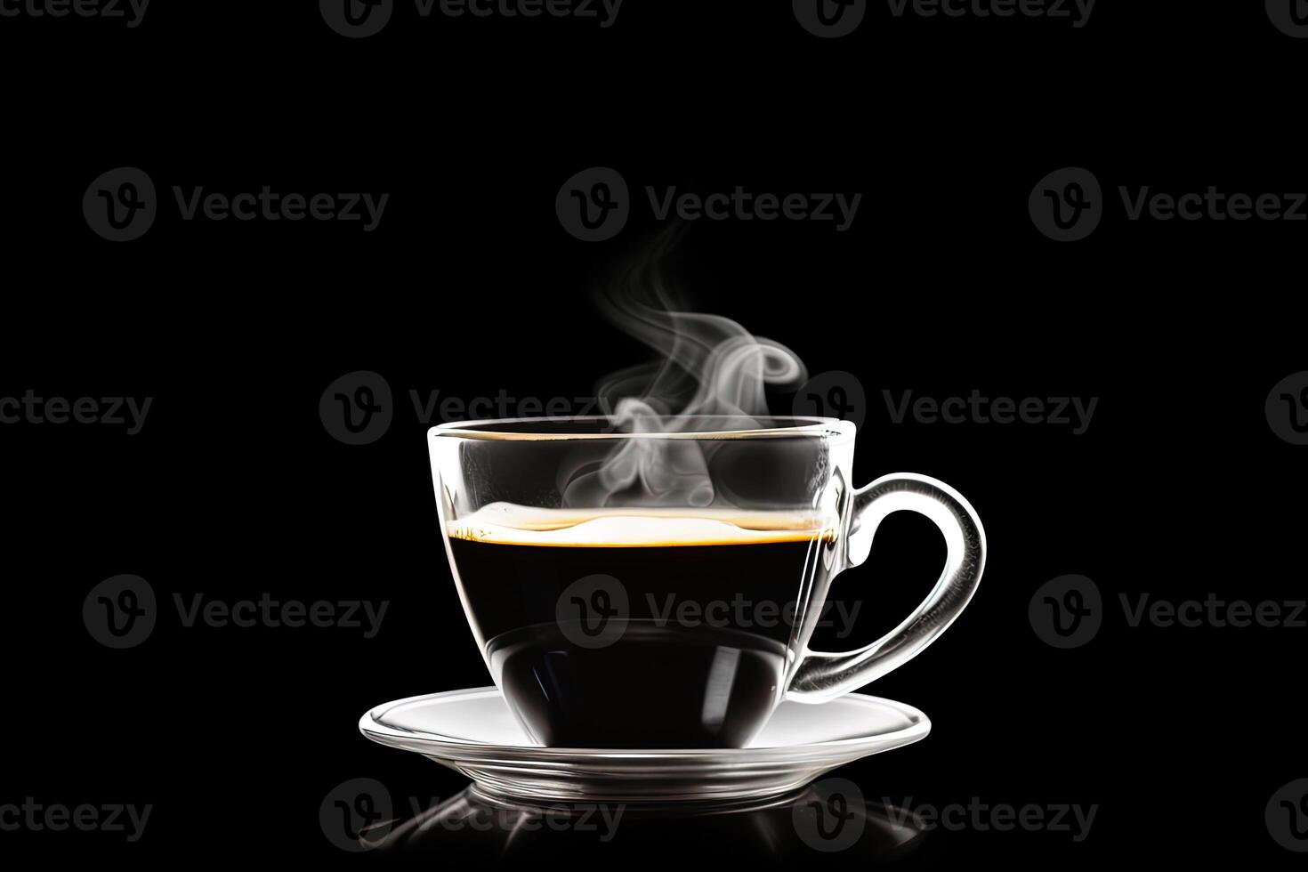 Close up a cup of a black hot coffee with smoke on black background. photo