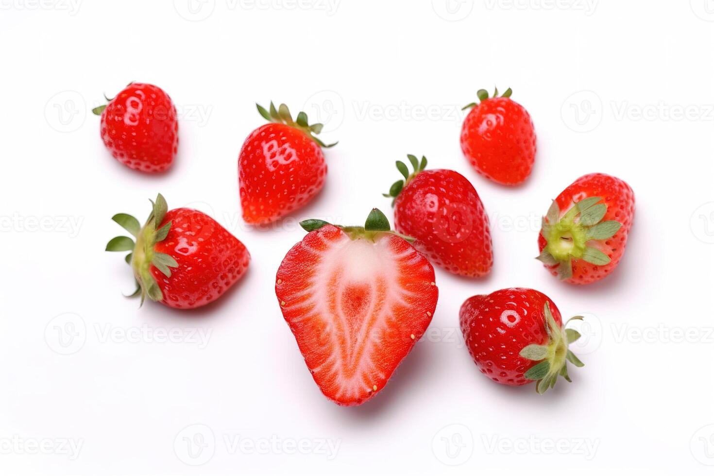 Fresh some whole and sliced strawberries isolated on white background. photo