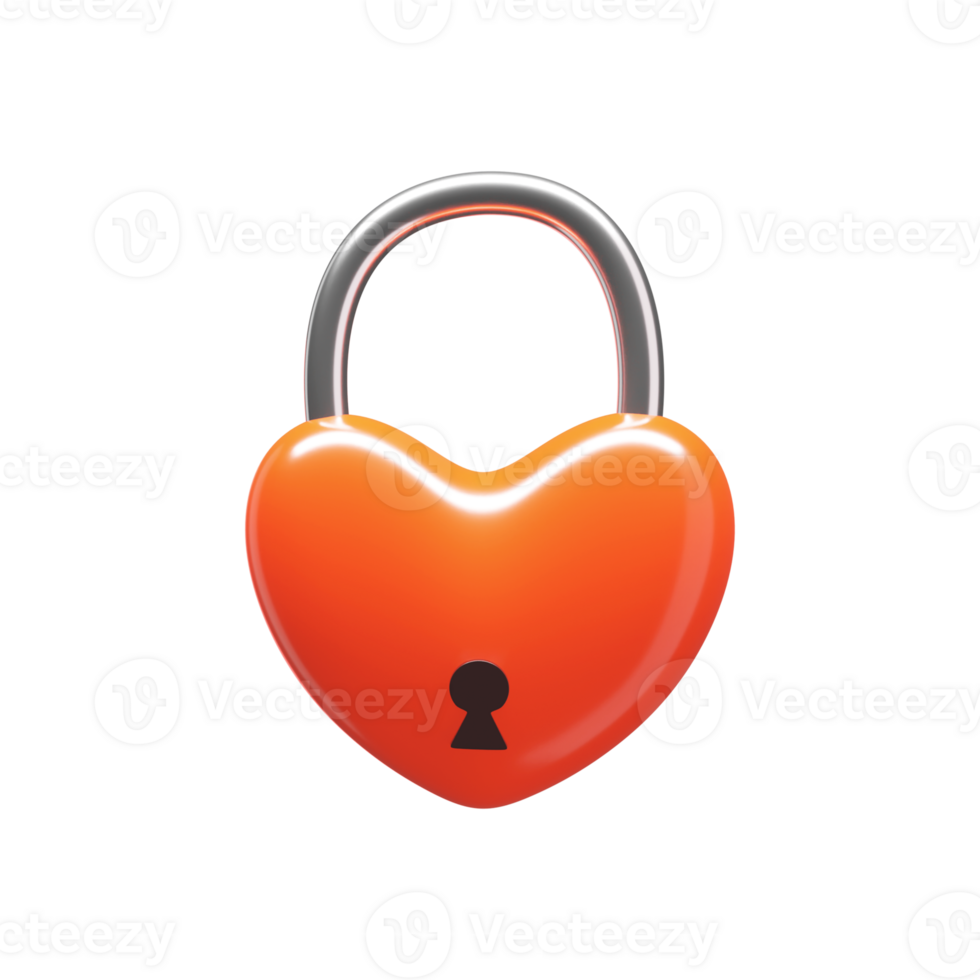 3D Render of Glossy Heart Shape Padlock Element In Orange And Silver Color png