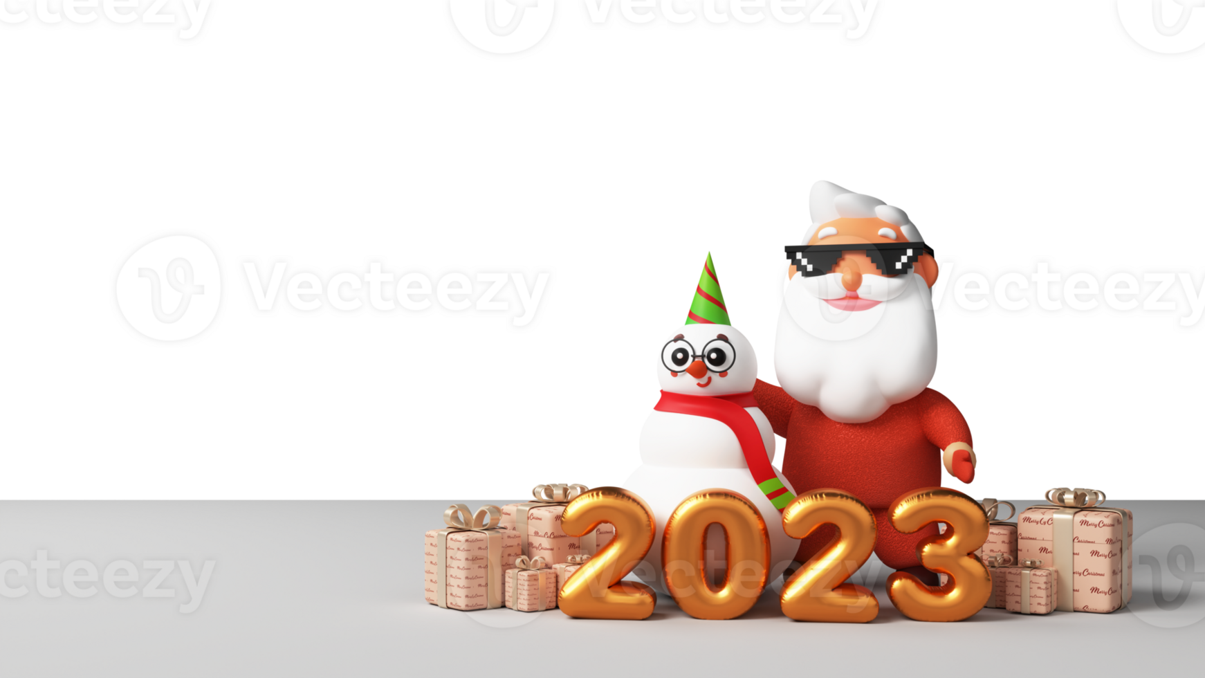3D Golden Balloon 2023 Number With Gift Boxes, Cartoon Santa Claus And Snowman For Happy New Year Concept. png