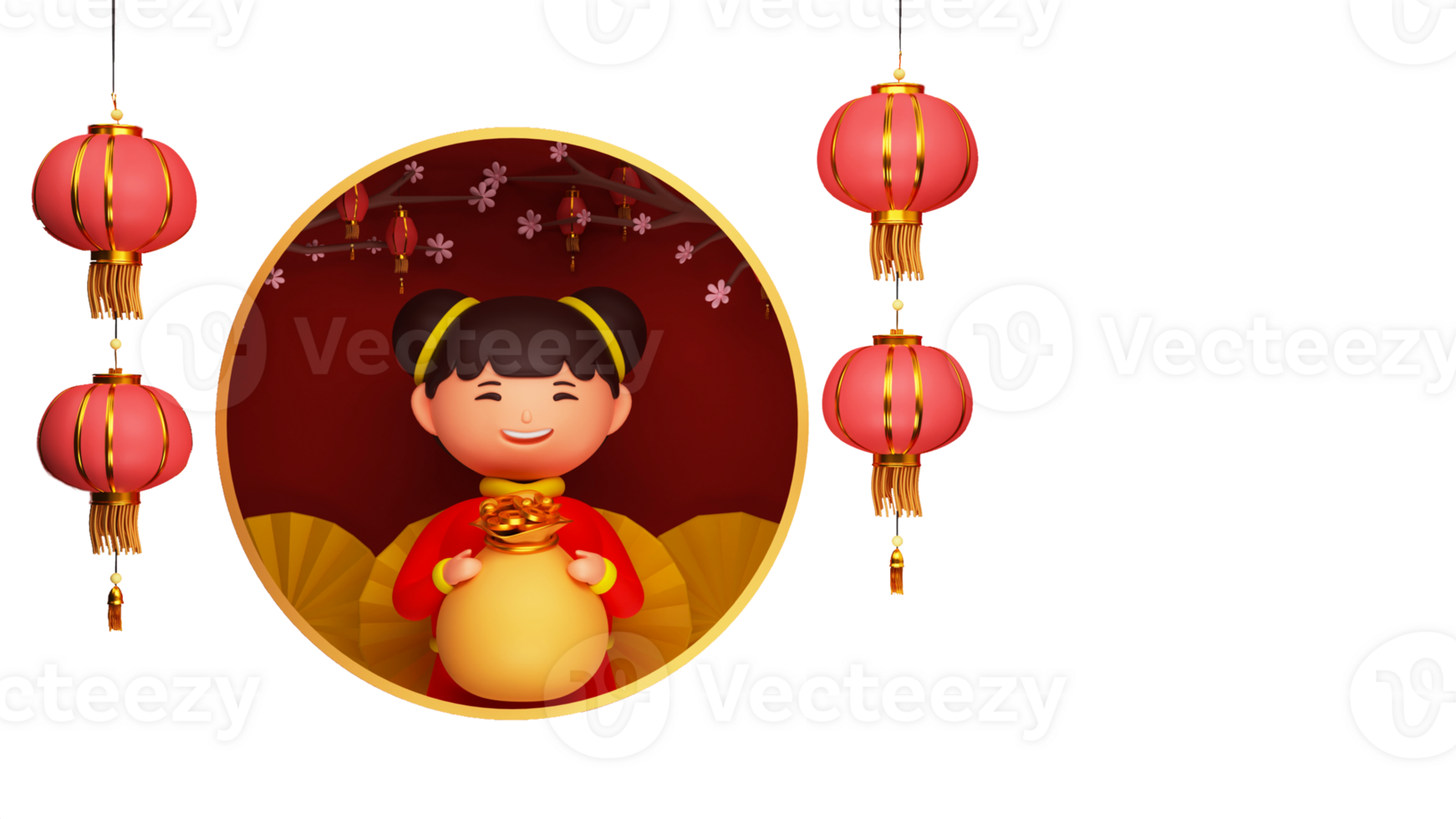 3D Chinese Young Girl Holding Bag Full of Gold Qing Coin With Traditional Lanterns, Flower Branch And Copy Space. png