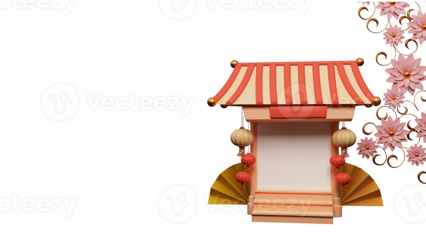 3D Render Of Chinese House Or Temple Decorated By Traditional Lanterns With Paper Fans, Beautiful Flowers And Copy Space. png
