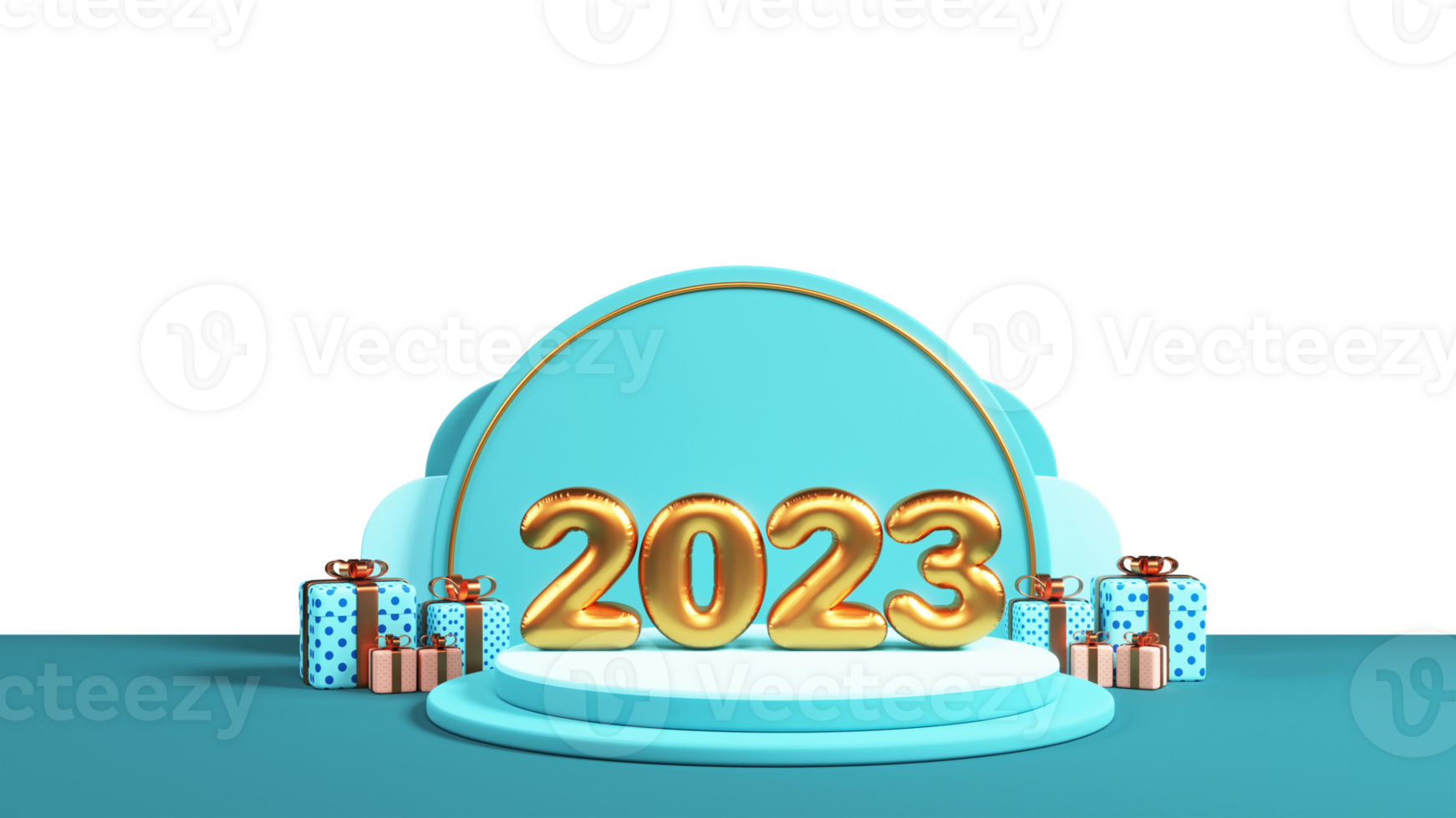3D Golden Balloon 2023 Number Over Podium With Gift Boxes For Happy New Year Concept. png