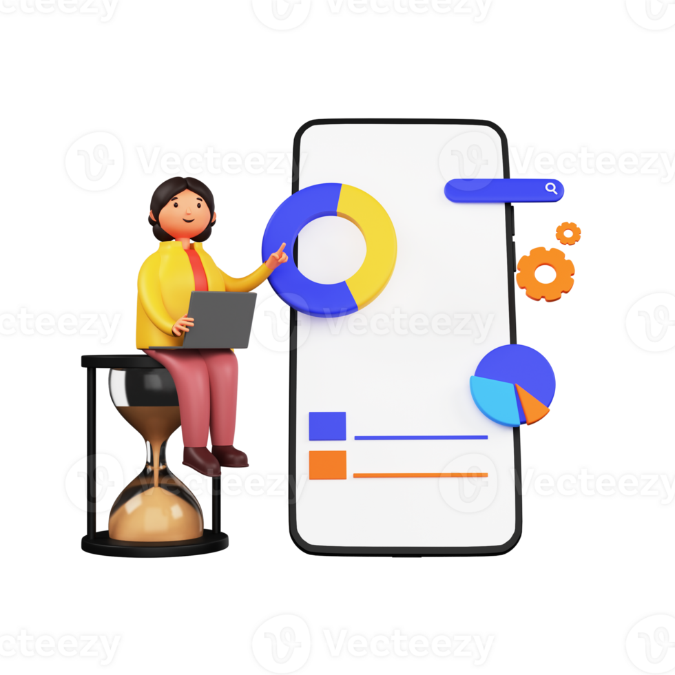 3D Render of Businesswoman Presenting Data Analysis On Smartphone Screen And Hourglass Illustration. png