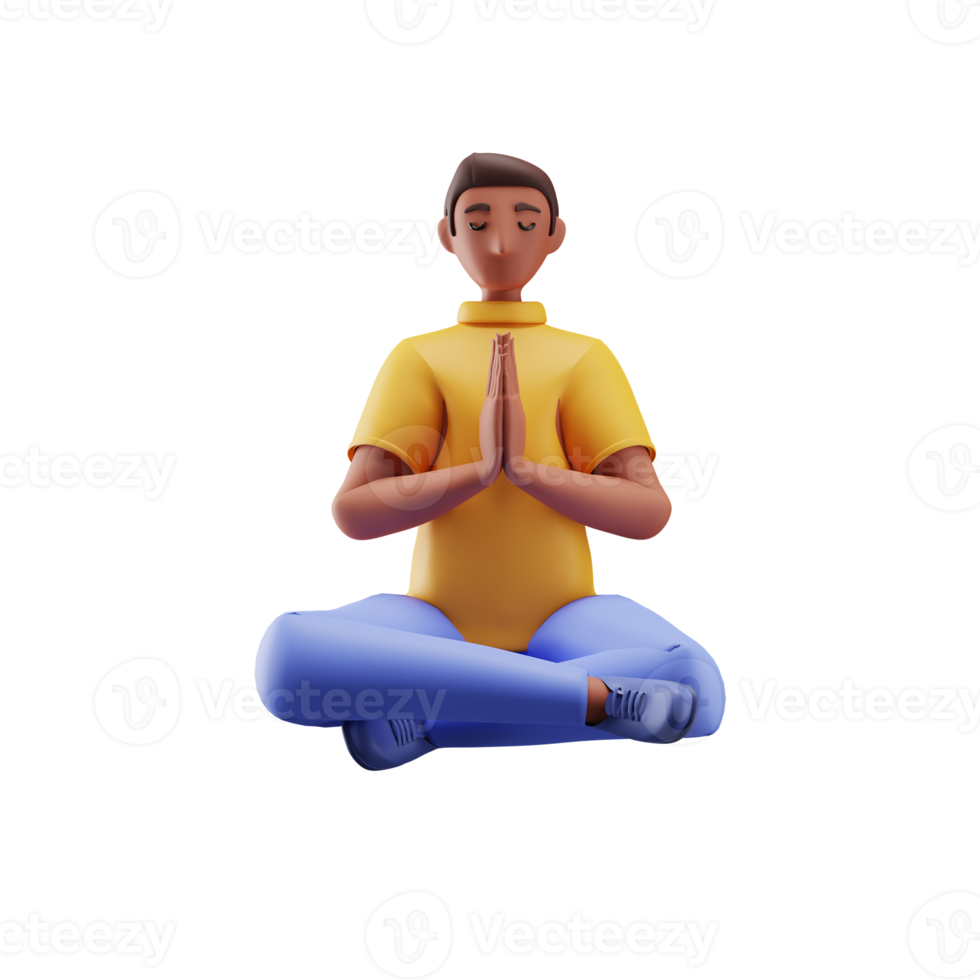 3D Young Man Doing Namaste In Sitting Pose. png
