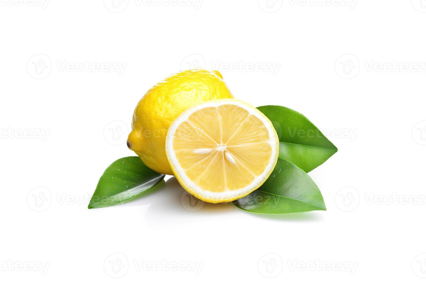 Whole and slice lemon with leaves isolated on white background. photo