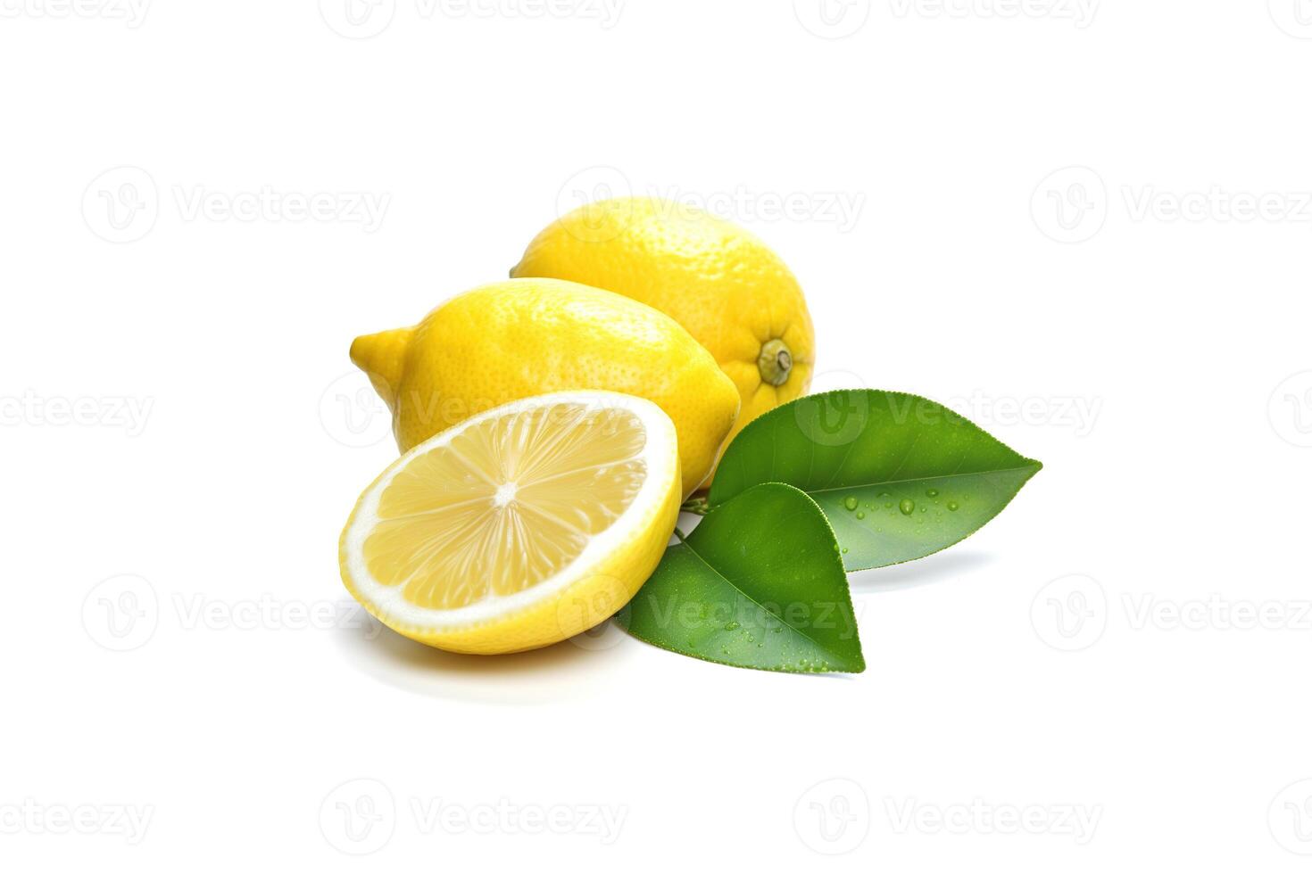Whole and slice lemon with leaves isolated on white background. photo