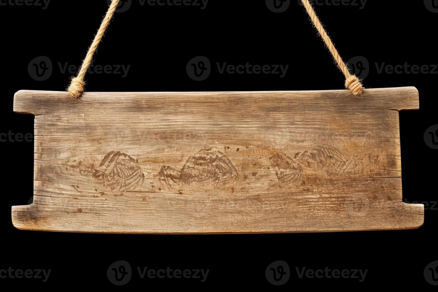 Wooden sign plain hanging from rope isolated on black background. photo