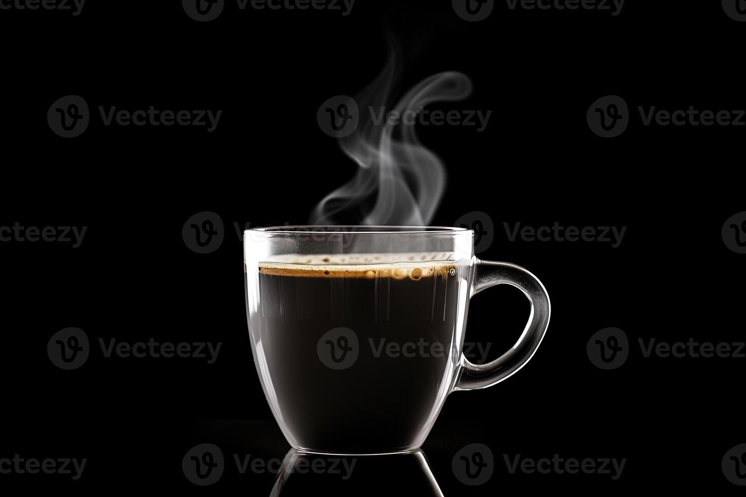 cerca arriba un taza de un negro caliente café con fumar en negro antecedentes. ai generado foto
