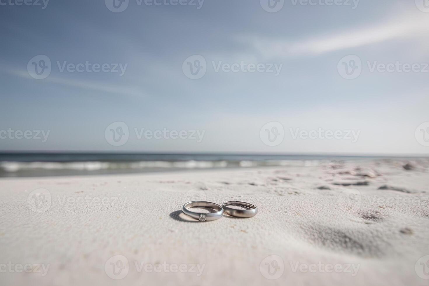 Two wedding rings in the sand on the background of a beach and sea. AI