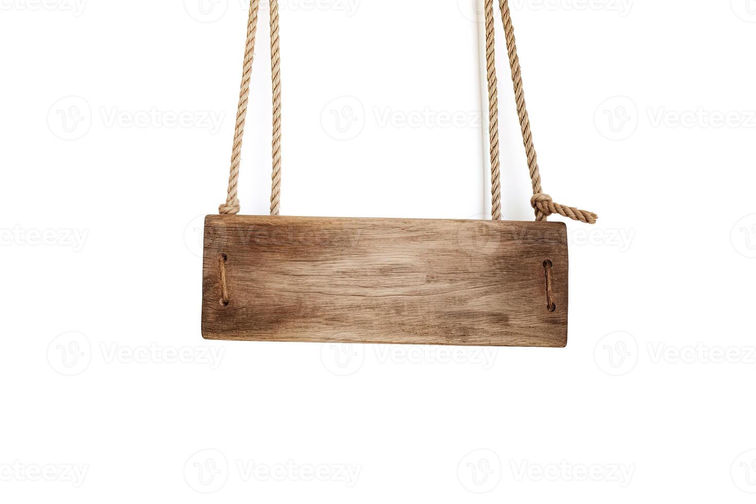 Wooden sign plain hanging from rope isolated on white background. photo