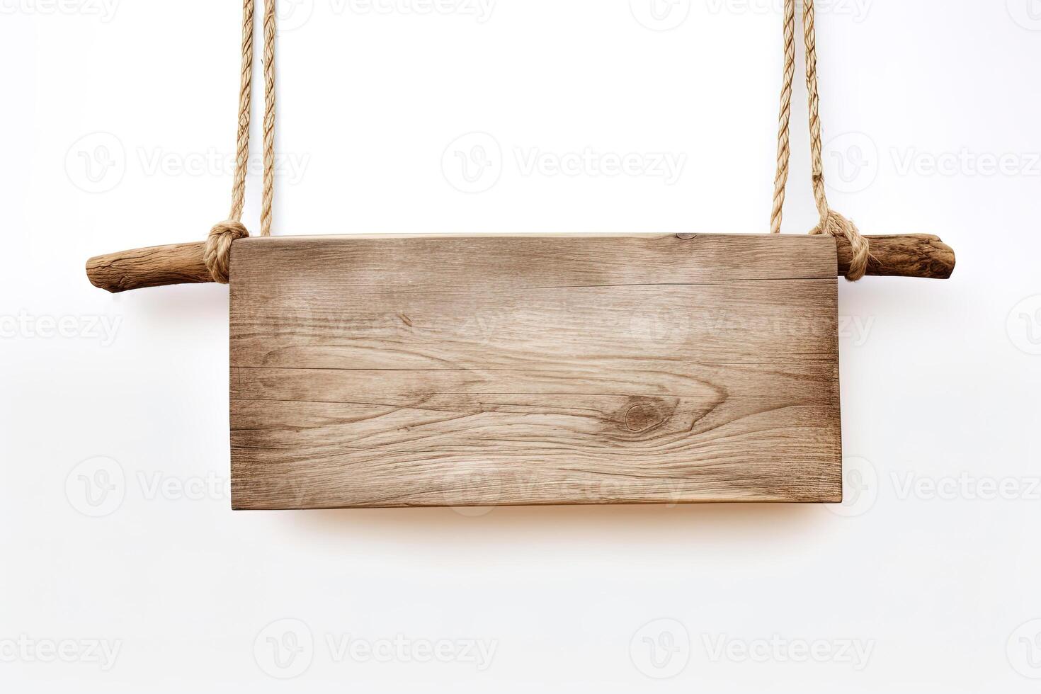 Wooden sign plain hanging from rope isolated on white background. photo