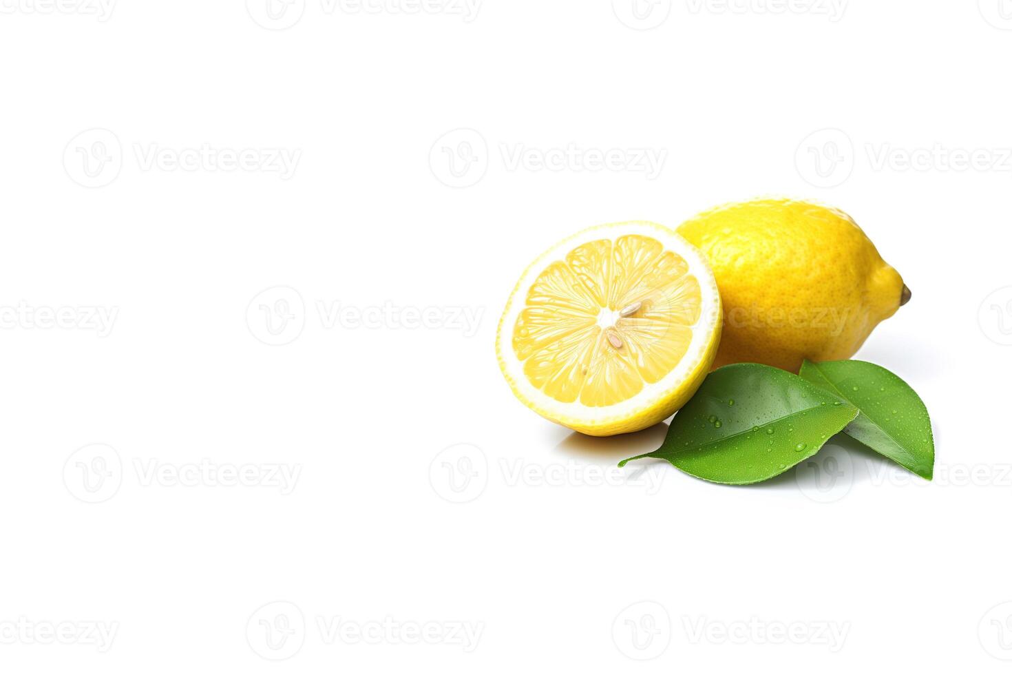 Whole and slice lemon with leaves isolated on white background with copy space. photo