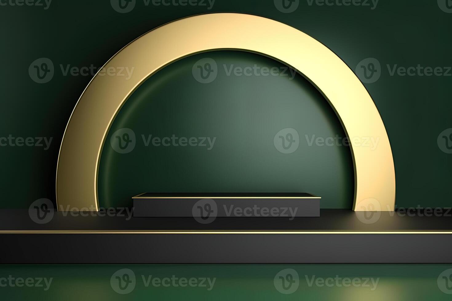 Luxury green and golden stage podium for cosmetic product display presentation minimal scene. photo