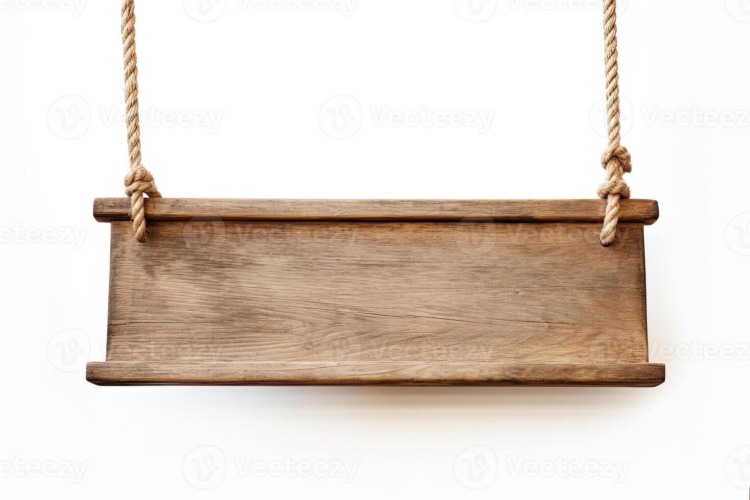 Wooden sign plain hanging from rope isolated on white background. photo