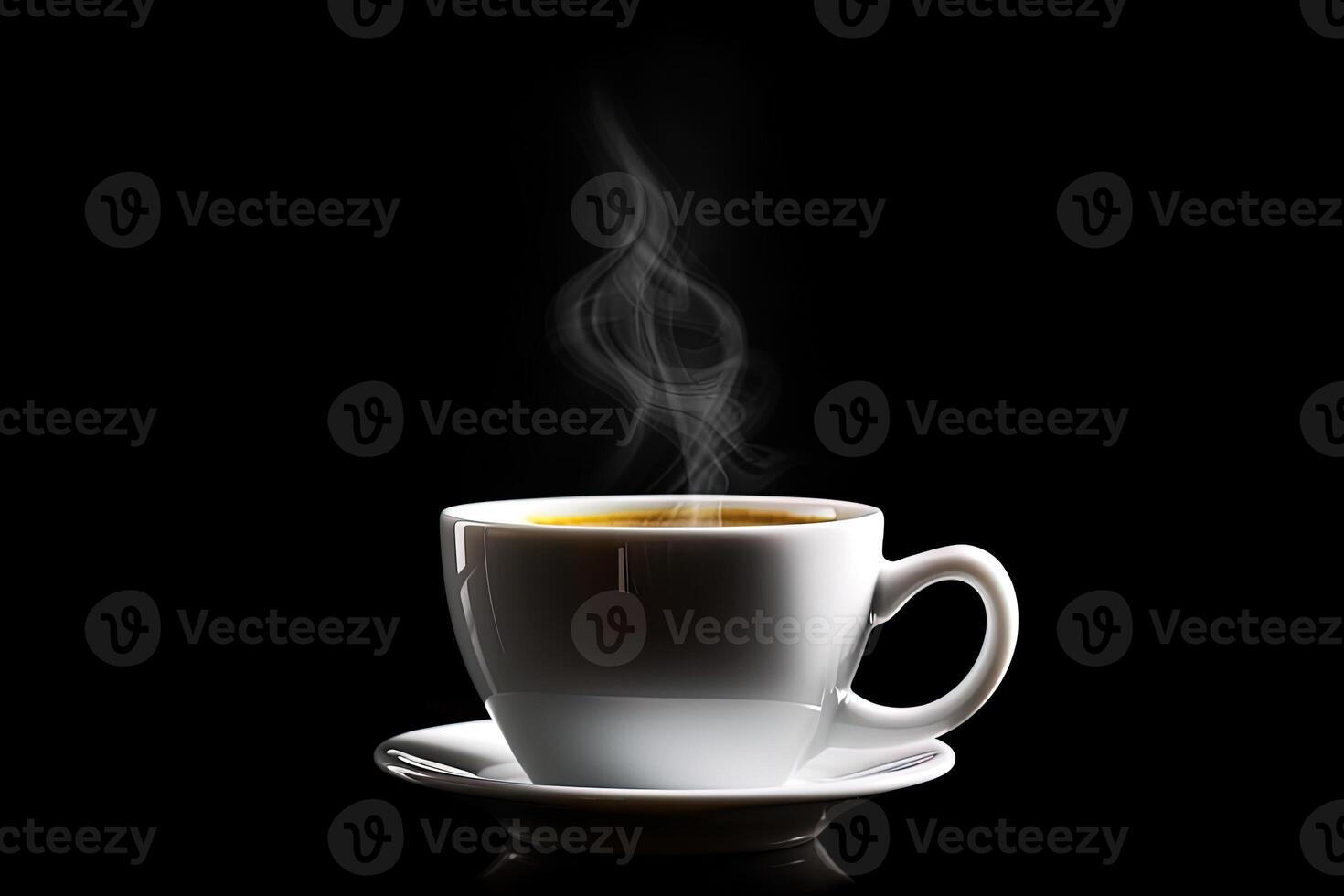 cerca arriba un taza de un negro caliente café con fumar en negro antecedentes. ai generado foto