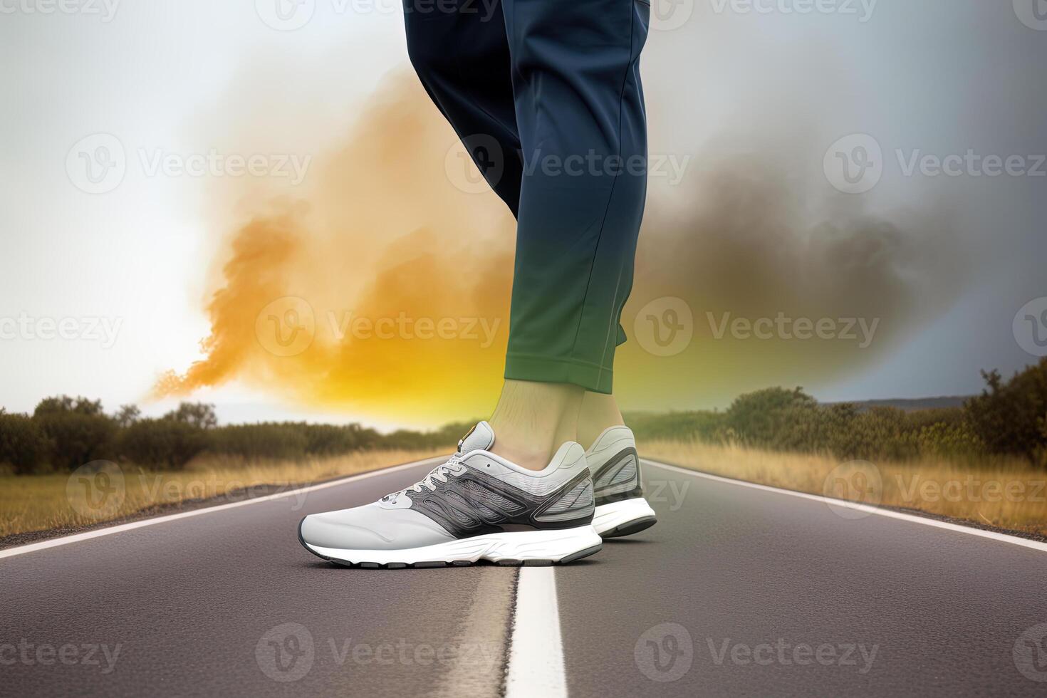 Legs view of a person walking on the road wearing sports shoes. photo