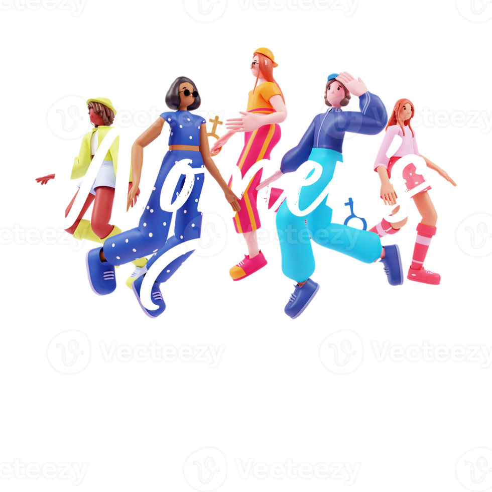 Women's Day Concept, Group Of 3D Young Girls In Different Activity. png