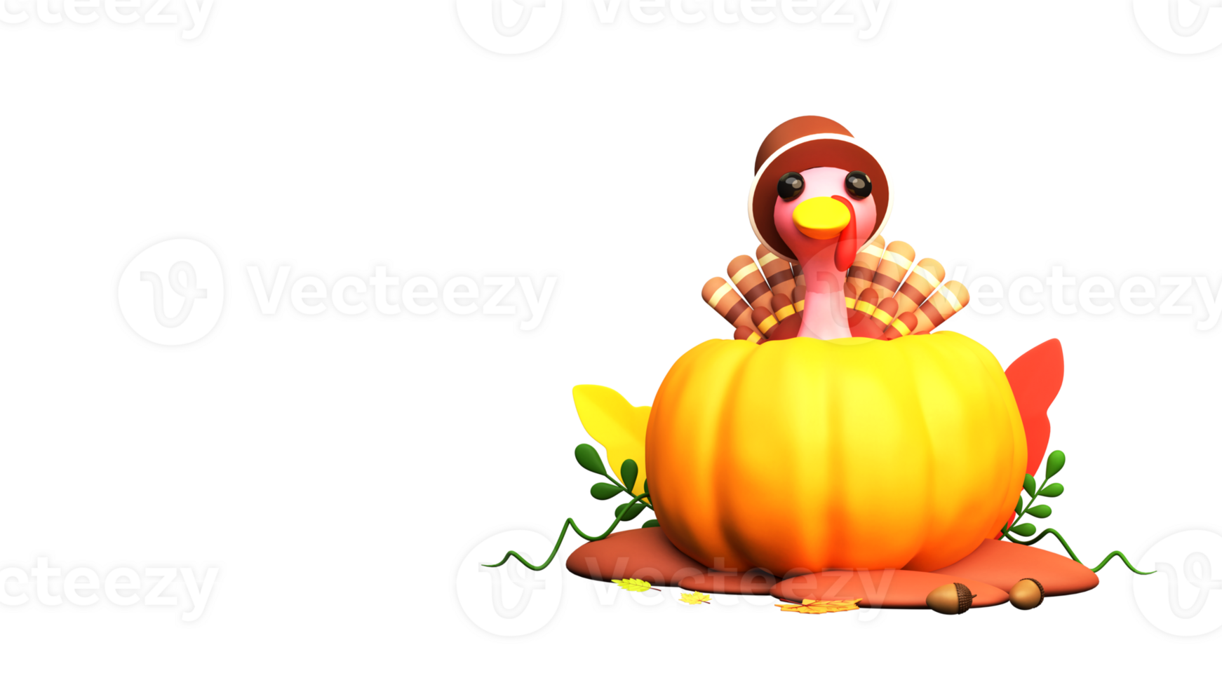 3D Render of Turkey Bird Peeping Out From a Pumpkin, Colorful Leaves for Thanks Giving Festival Celebration. png