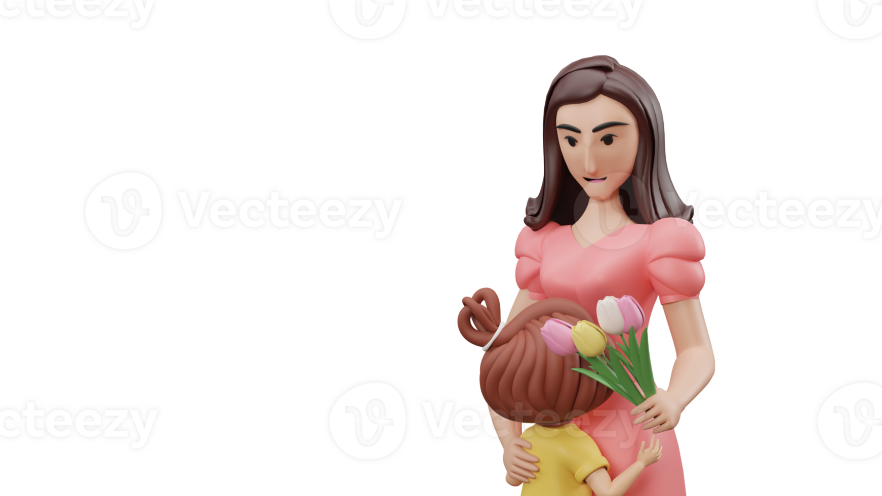 3D Render of Young Woman Character Hugging Little Girl With Holding Tulip Bouquet In Standing Pose. png