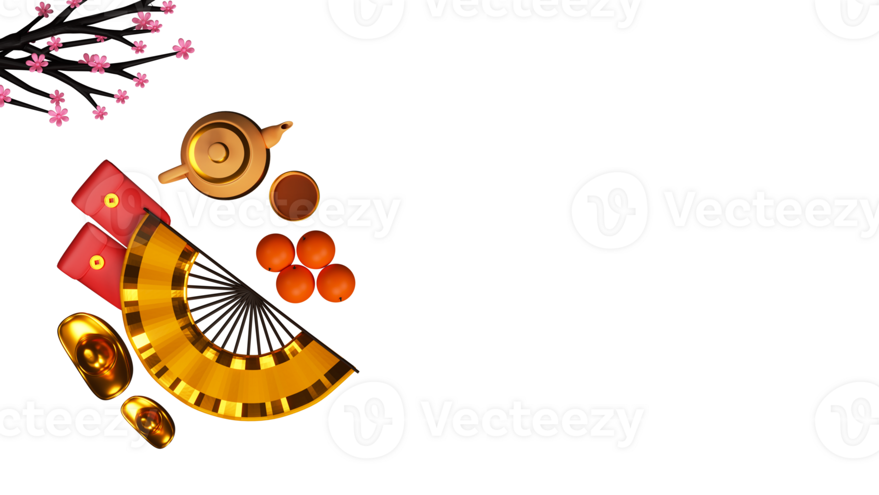 3D Top View of Chinese Paper Fan With Ingots, Envelopes, Teapot, Cup, Persimmon Fruit, Flower Branch And Copy Space. png