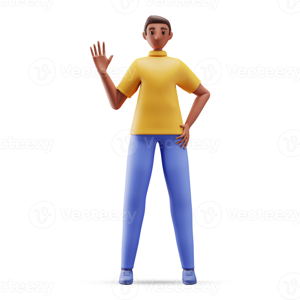 3D Illustration of Young Man Waving Hand In Standing Pose. png