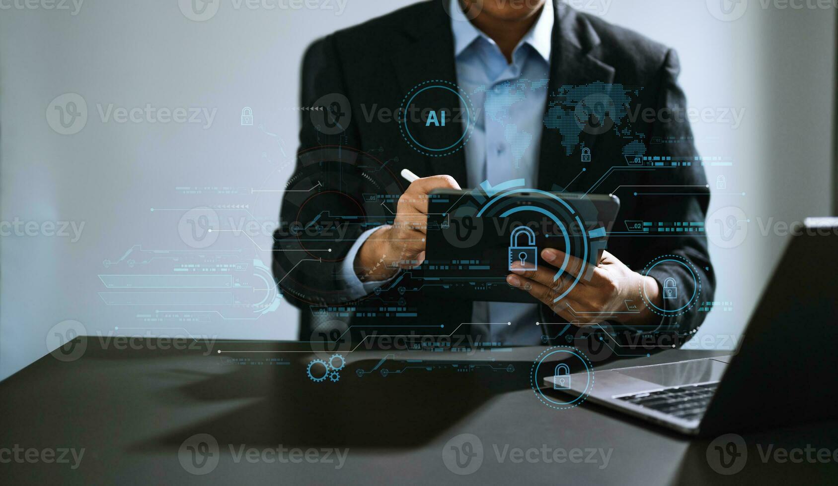 Cyber security and data protection. Business using computer and  tablet protecting business and financial data with virtual from cyber attack, cybersecurity technology in office photo
