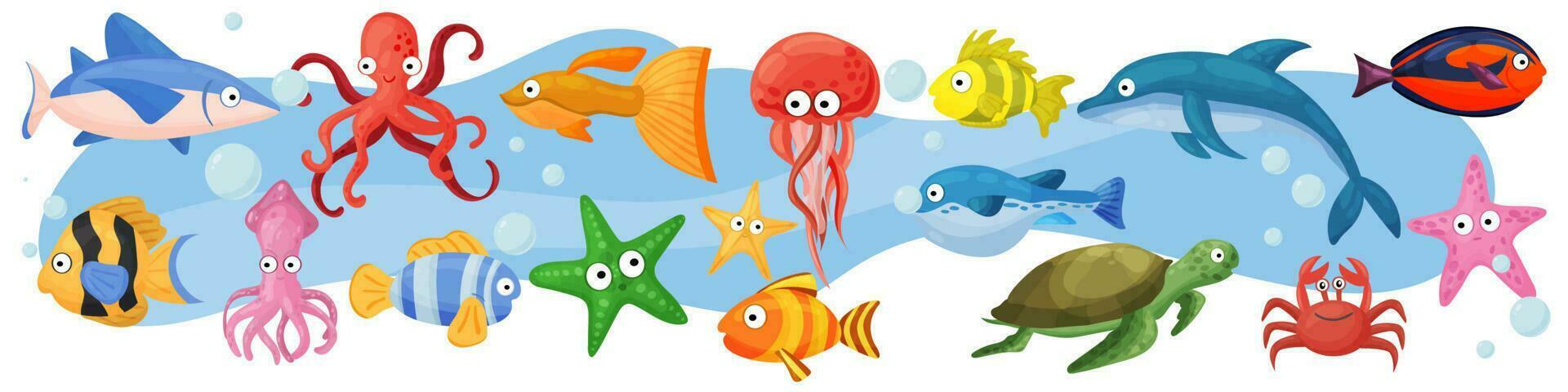 Big multicolored set of marine and ocean animals and fish under water. Sea animals for books and games for children. vector