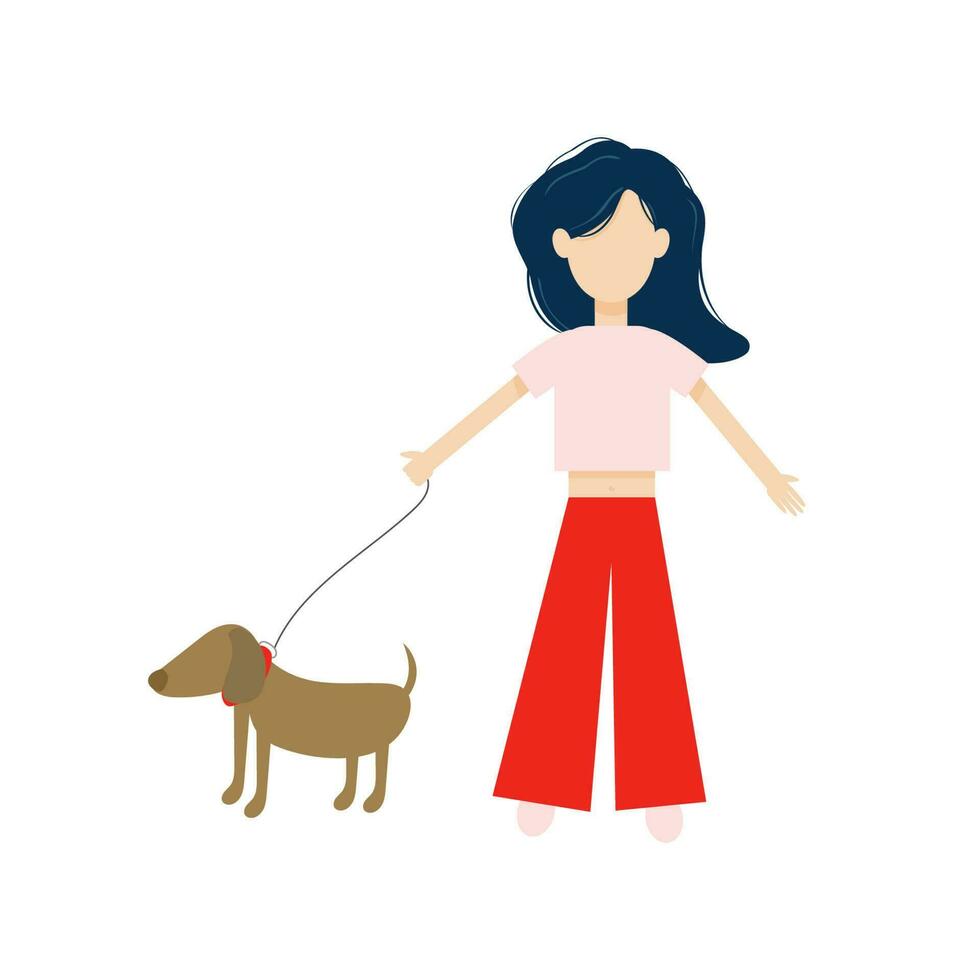 un mujer camina su perro. vector ilustración en plano estilo