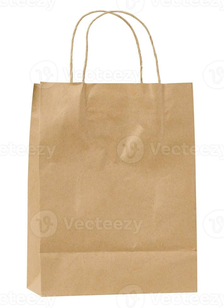 Large disposable brown kraft paper bag with handles isolated on white background, eco packaging, zero waste photo