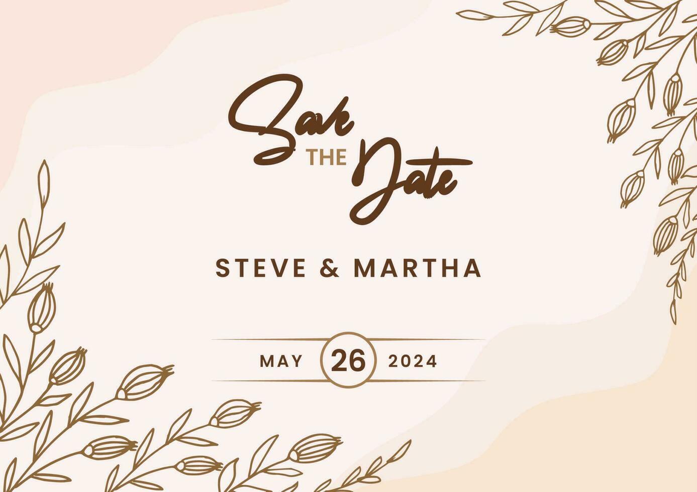 Beautiful Save the date template on a gold floral background with hand drawn leaves and flower border vector