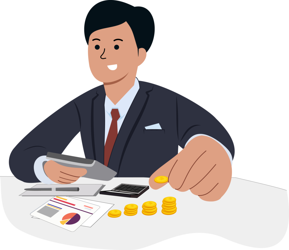 illustration of office worker working calculating income. office man analyzing business graphs png