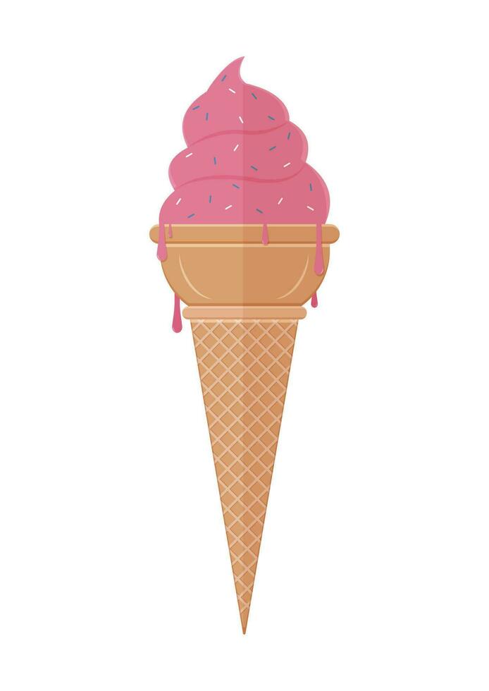 Strawberry ice cream cone in flat style Vector. Tasty pink ice cream vector