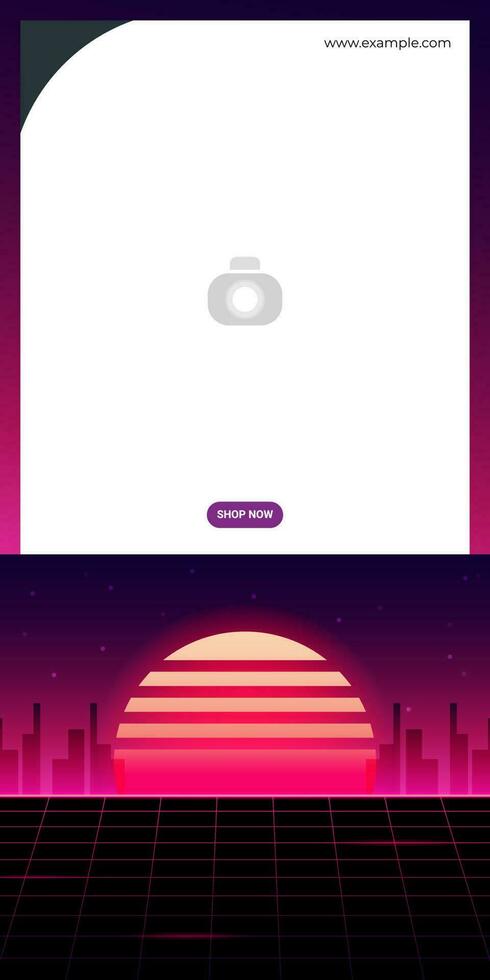 Banner in cyberpunk style. Neon vector color design, future city sunset.