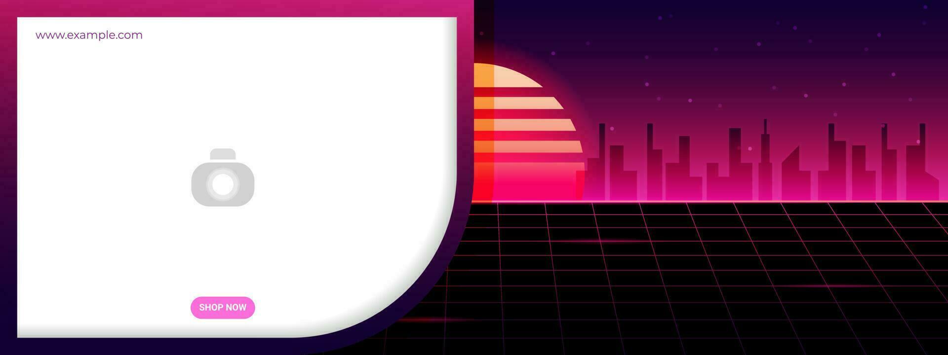 Banner in cyberpunk style. Neon vector color design, future city sunset.