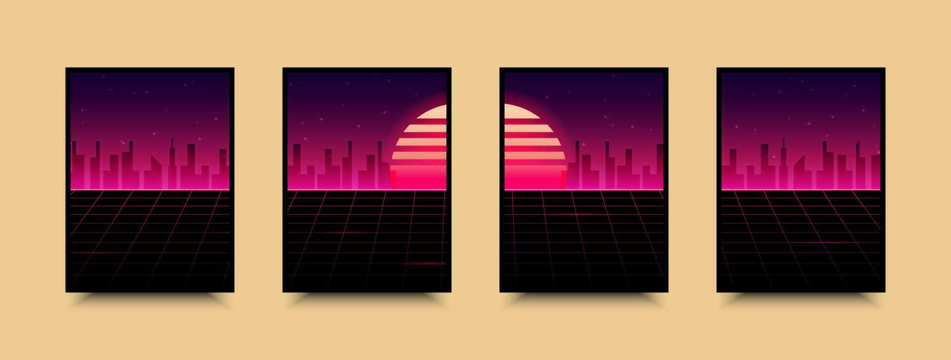 Poster in cyberpunk style. Neon vector color design, future city sunset.
