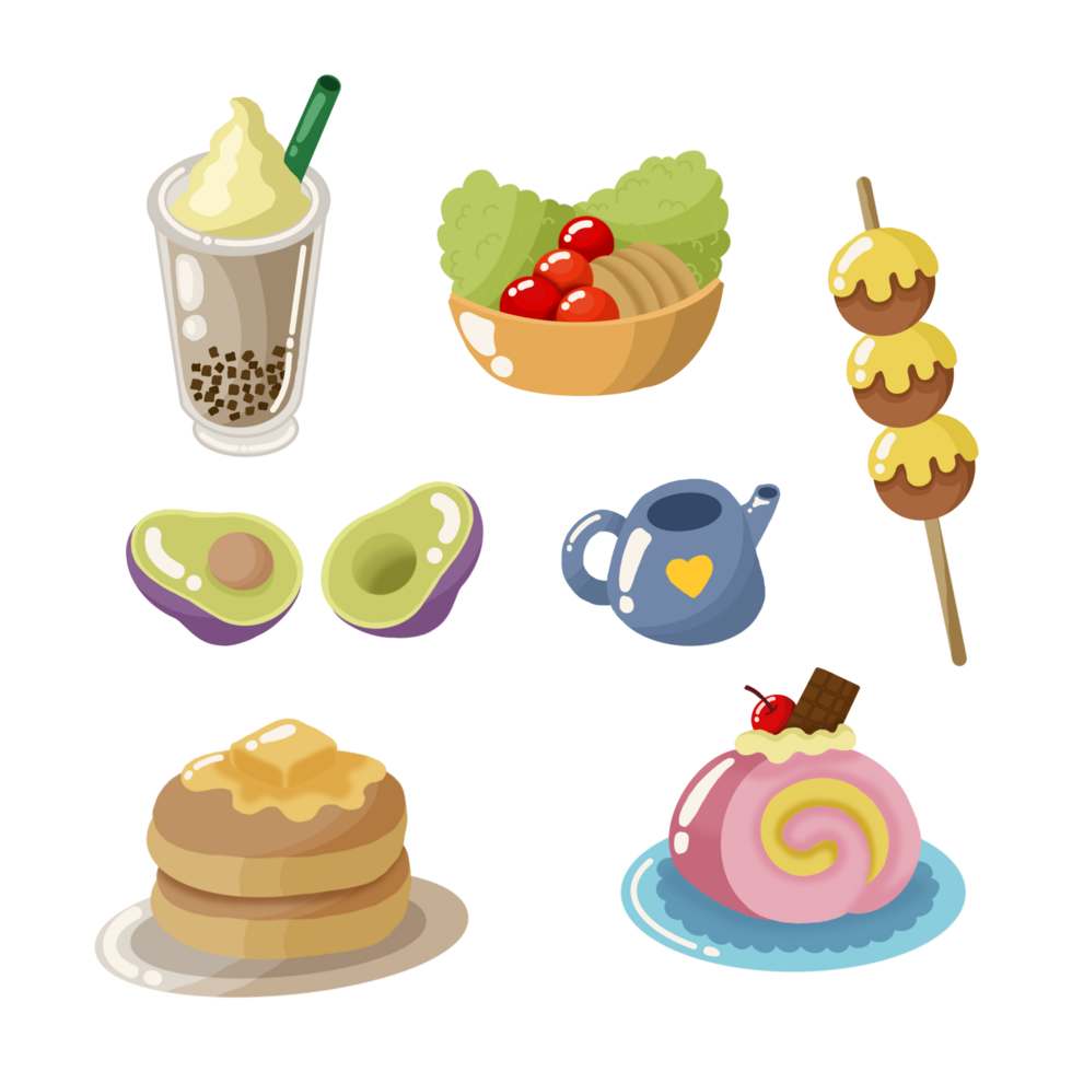 Cute Milkshake Pancake and Cakes Food Snacks Icons Collection png