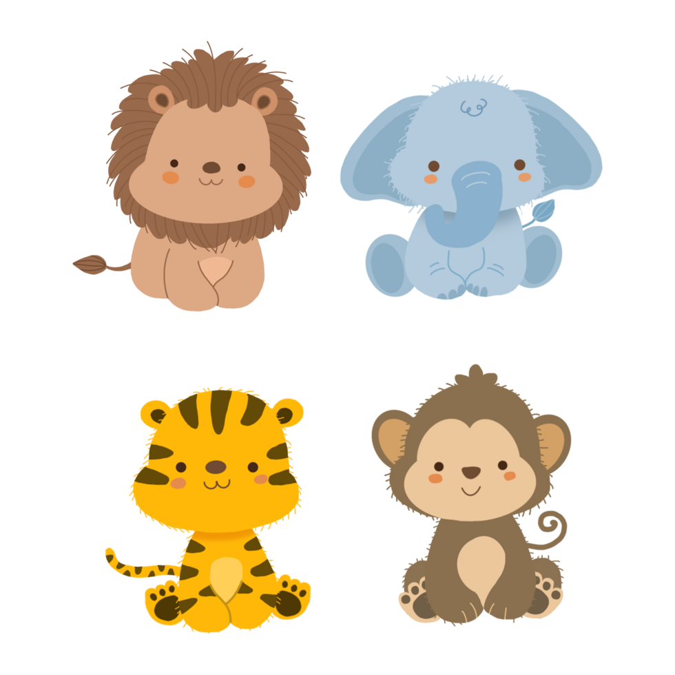 Cute Lion Elephant Tiger and Monkey Safari Animals Collection png