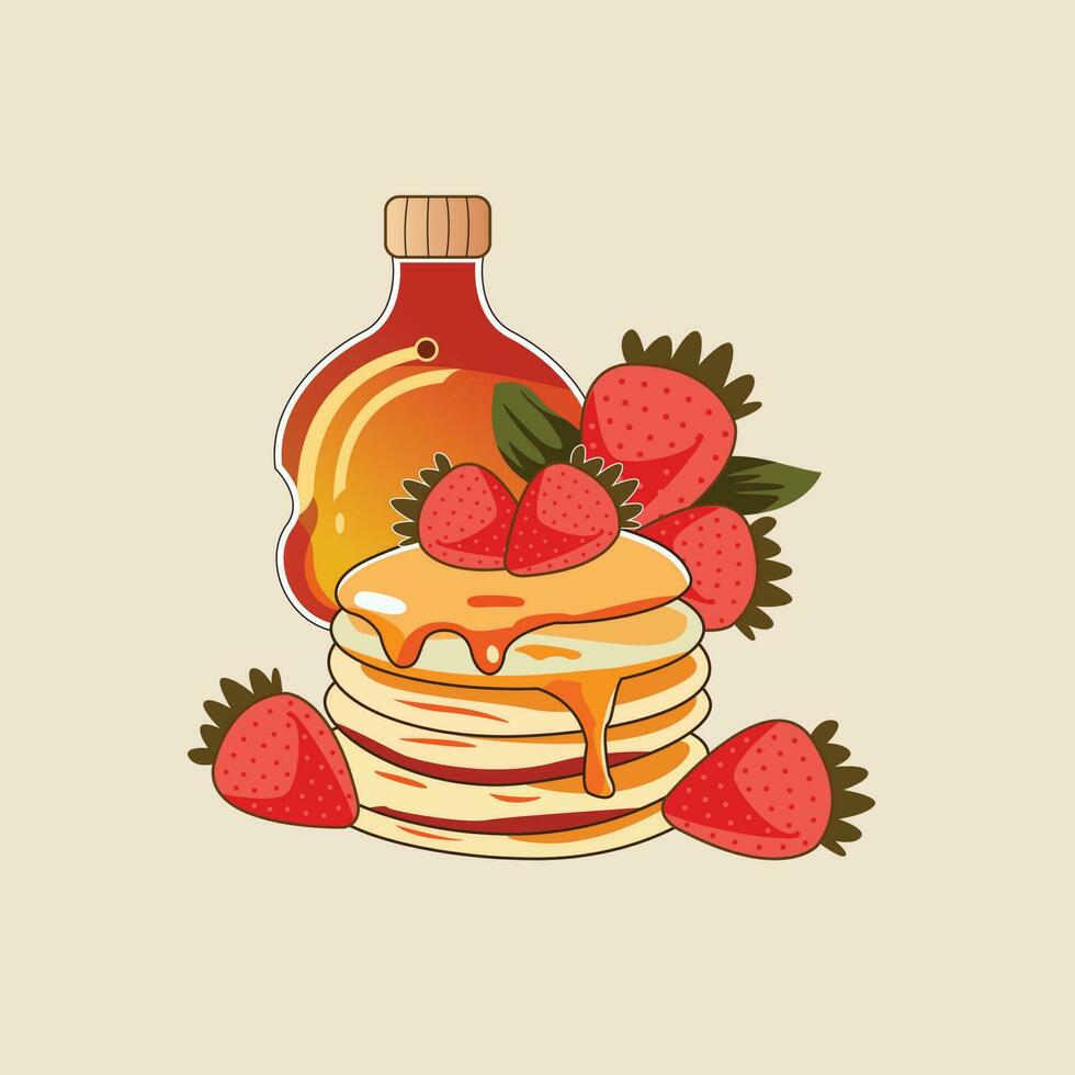 A stack of pancakes with syrup and strawberries. vector