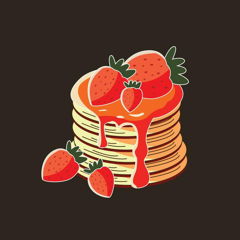 Pancakes with strawberries and syrup on a black background. vector