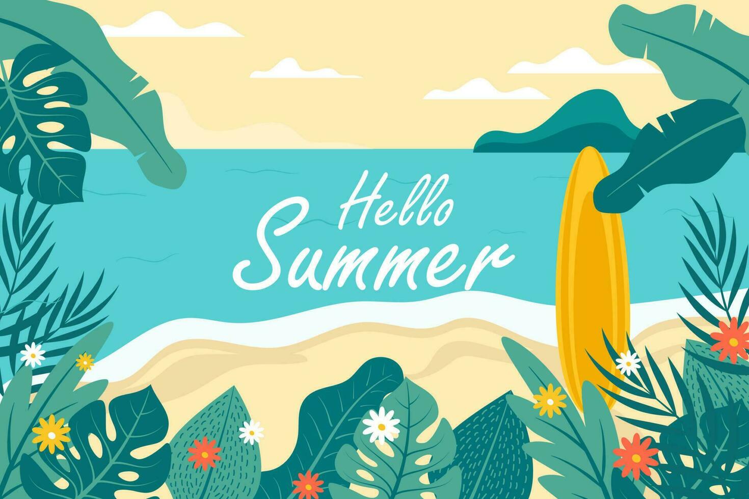 Summer background vector design with beautiful tropical leaves and beach