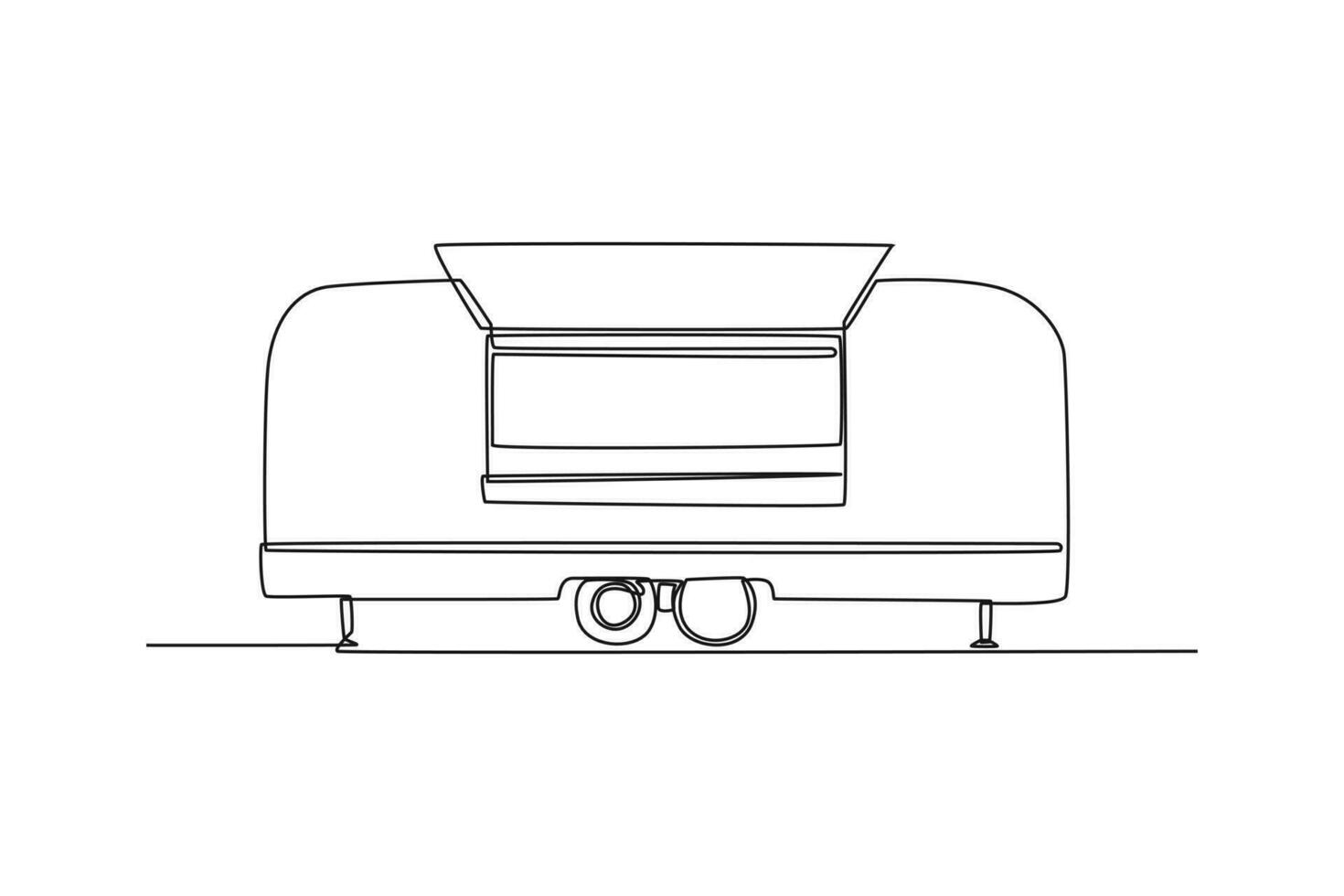 soltero uno línea dibujo comida camiones restaurante en ruedas furgonetas para calle comida venta. coche concepto. continuo línea dibujar diseño gráfico vector ilustración.